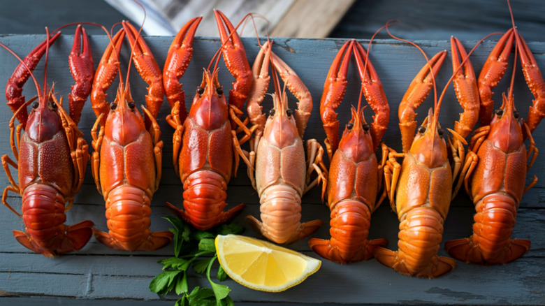 A spread of cooked crayfish in varying colors next to a wedge of lemon