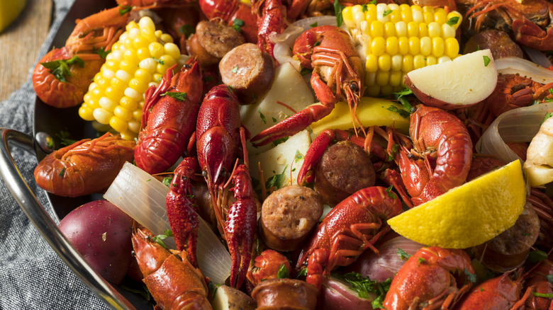 Crawfish boil with corn, potatoes, and sausage