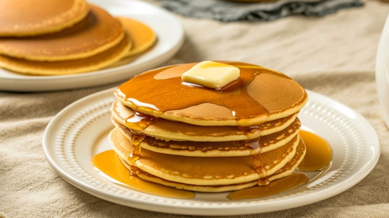 Pancakes on white plate topped with maple syrup and butter