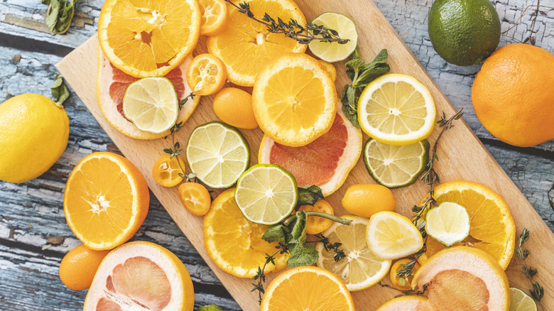 Sliced fruit on cutting board