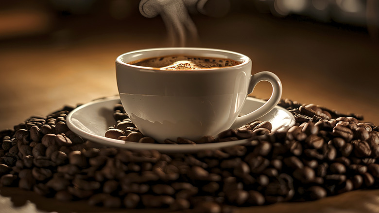 a cup of coffee in a white cup resting on top of a pile of coffee beans.