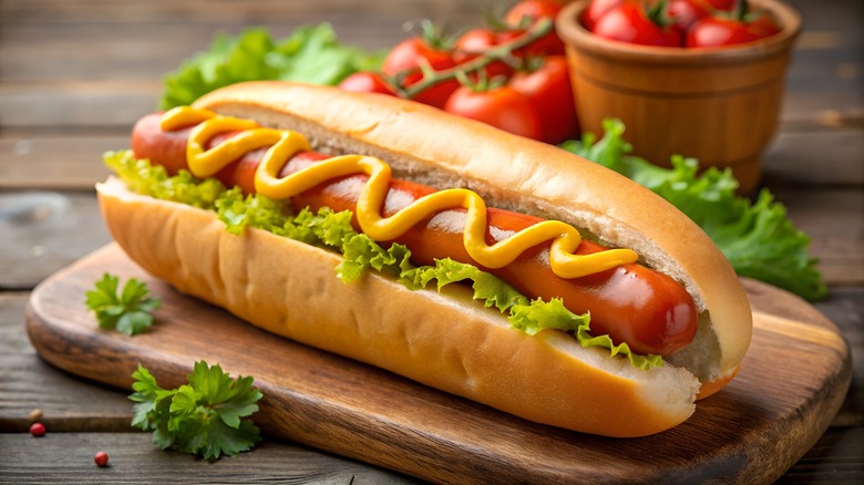 Hot dog with mustard and lettuce on wooden cutting board