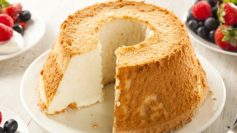 Angel food cake on a white plate.