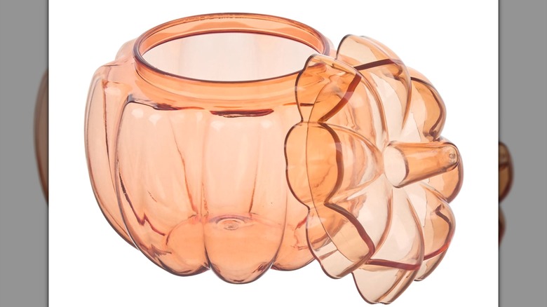 Dollar General's Harvest Orange Pumpkin-Shaped Transparent Storage Jar with lid off