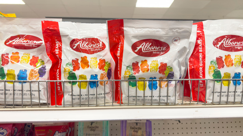 Albanese gummy bear bags sitting on the grocery store shelf.