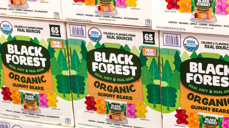 Black Forest gummy bears boxes sitting on top of each other.