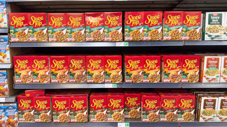 Shelves full of Stove Top boxed stuffing mix in different flavors