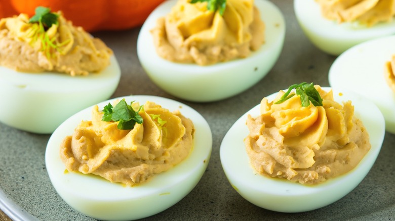 A tray of deviled eggs.