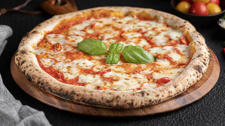 Freshly baked cheese and tomato pizza with a basil sprig on top