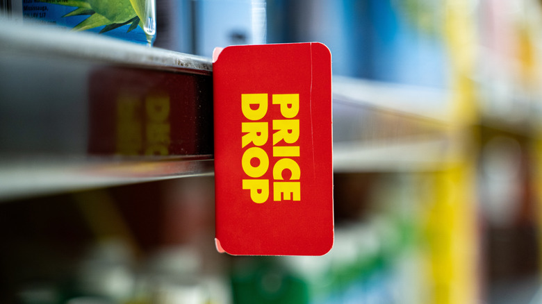 Close-up of a red sticker that reads 