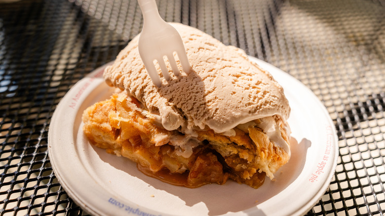 Apple pie a la mode with cinnamon ice cream on a paper plate