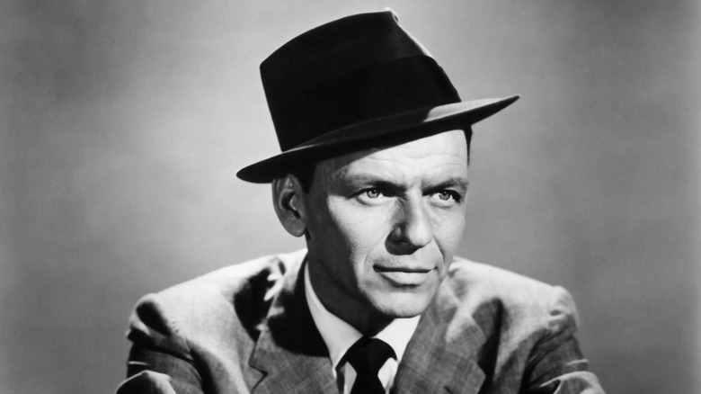 black and white photo of Frank Sinatra in hat