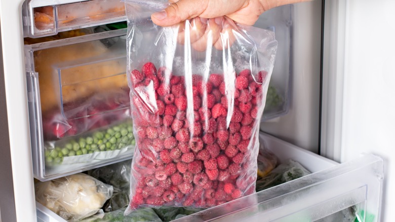 frozen rasberries in a freezer bag