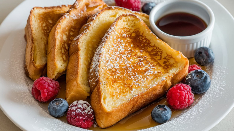 A plate of French toast with berries and a pot of syrup.