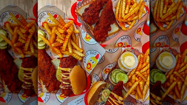 A variety of food and sauces from Dave's Hot Chicken