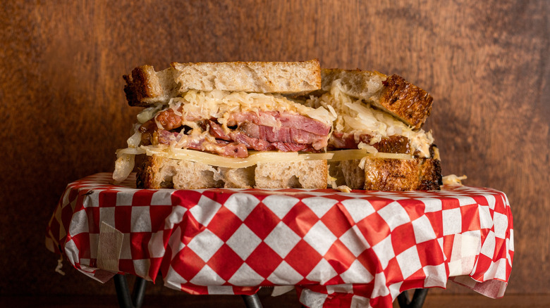 Reuben sandwich on checkered paper