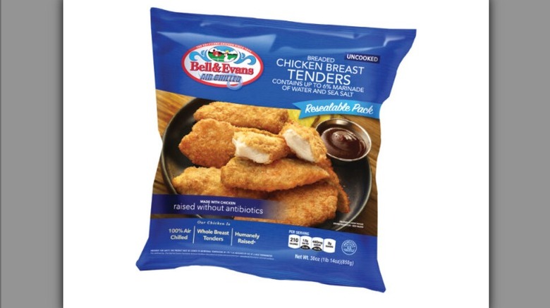 A resealable bag of the breaded chicken breast tenders from Bell & Evans.