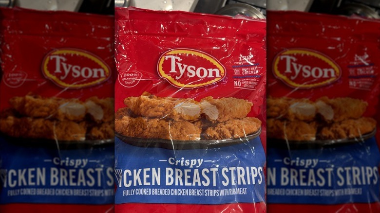 A bag of the crispy chicken breast strips from Tyson.