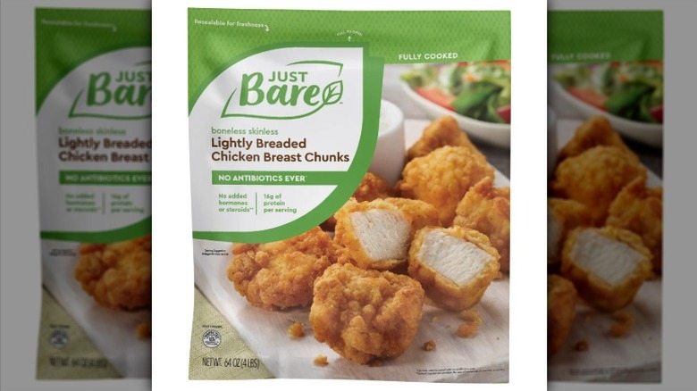 Costco's 4lb bag of Just Bare's Lightly Breaded Chicken Breast Chunks.