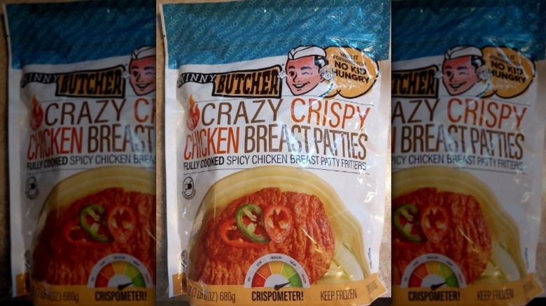A bag of the spicy crazy crispy chicken breast patties from Skinny Butcher.