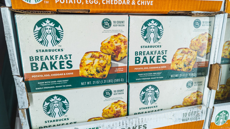 Boxes of Starbucks Breakfast Bakes in rows in Costco freezer aisle