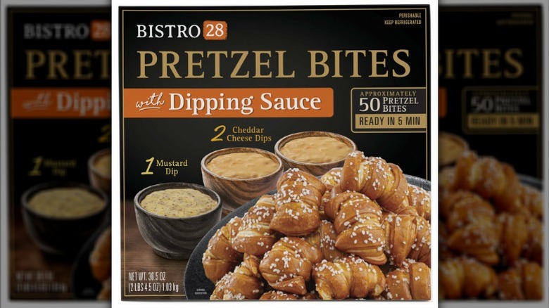 box of Bistro 28 Pretzel Bites with dipping sauces
