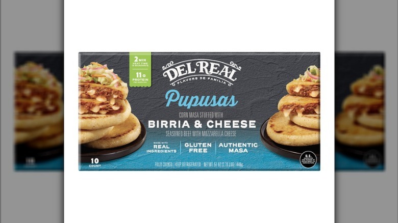 a box of birria and cheese pupusas from Del Real