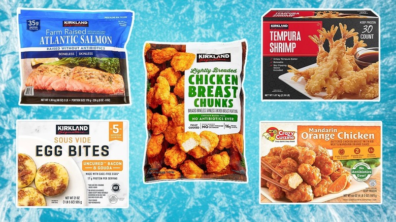Frozen salmon, egg bites, chicken breast, tempura shrimp, and orange chicken from Costco