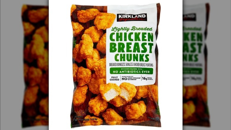 A bag of the Kirkland Signature Lightly Breaded Chicken Breast Chunks