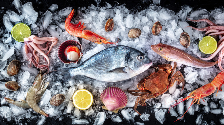 Fresh fish and seafood on ice
