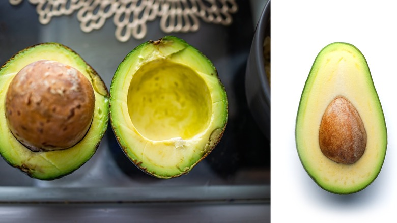 Avocado with overly large pit next to standard avocado