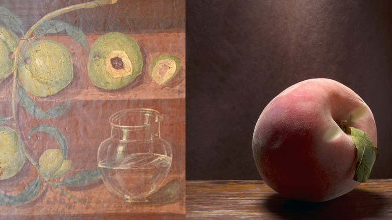 Peach in painting next to modern peach