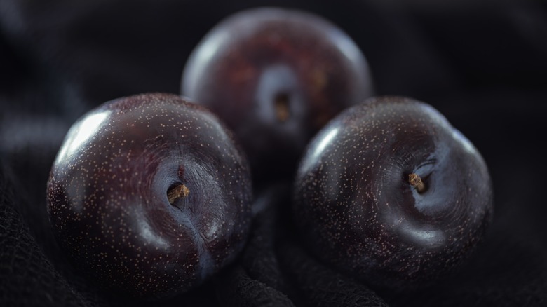Close up of three while plums placed on dark fabric