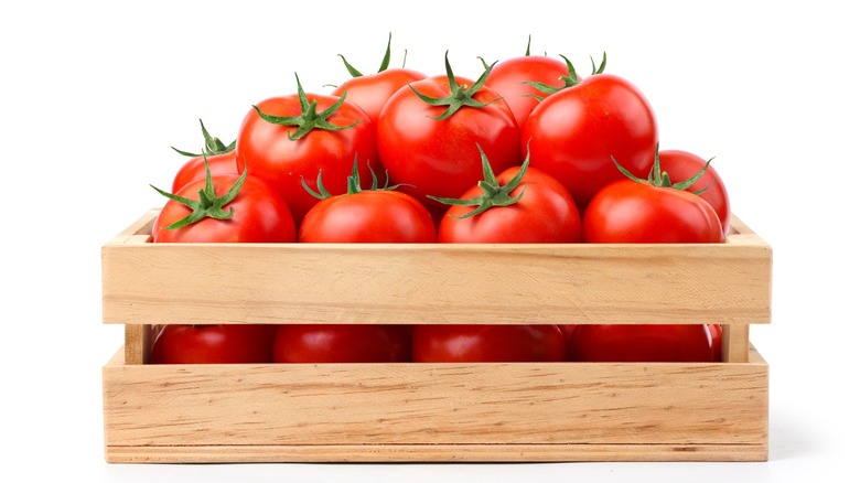 Tomatoes in wooden crate isolated on white background.