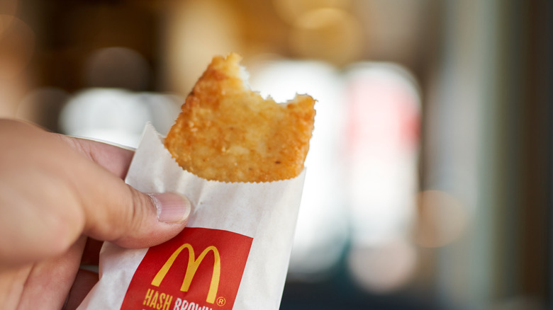 A person holding a McDonald's hash brown with a bite taken out of it