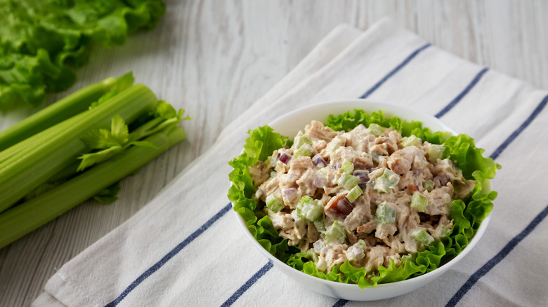 Homemade chicken salad with lettuce in a bowl