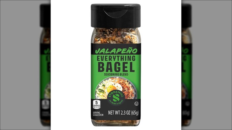 Jar of Stonemill Jalapeño Everything Bagel Seasoning Blend from Aldi on white background