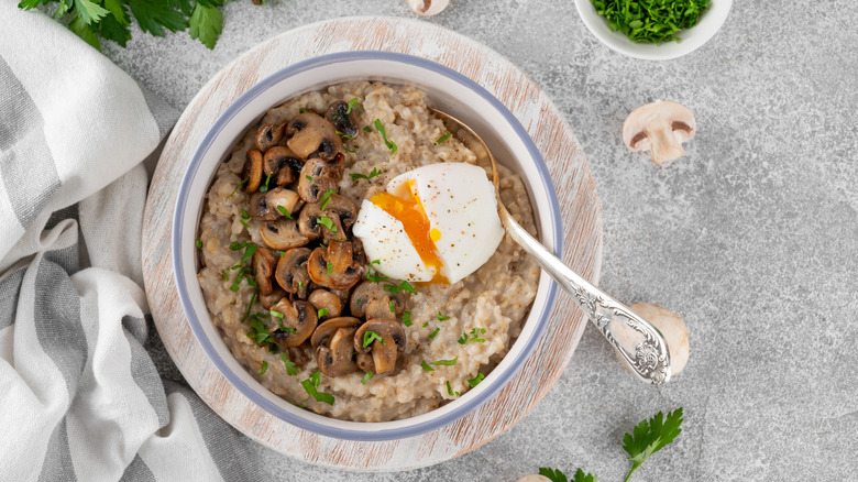 Bowl of savory oatmeal seen from above