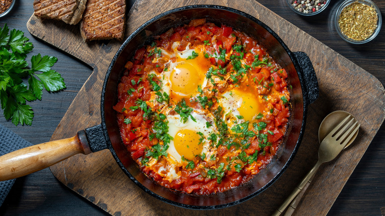 Iron skillet of shakshuka with tomato sauce and three eggs with parsley