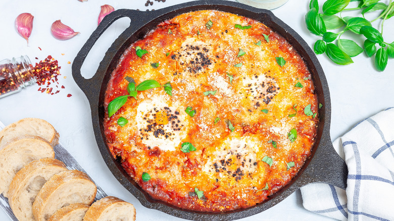 Skillet with tomato sauce, eggs, basil, next to garlic, chili, bread