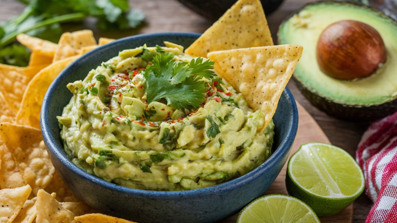 A blue bowl with fresh guacamole in it with two chips sticking out