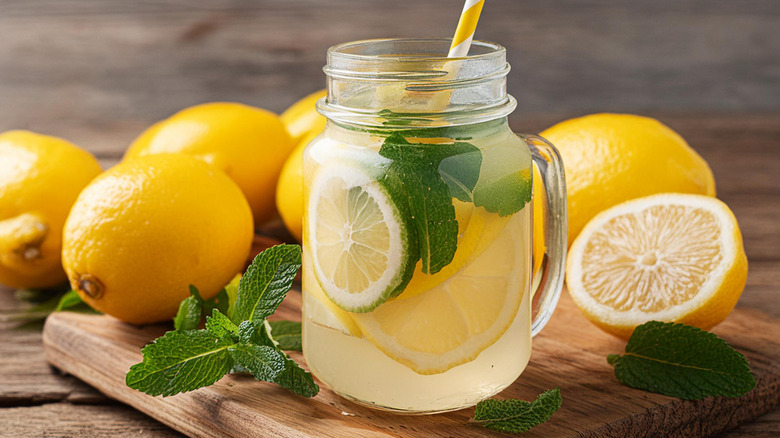 Jar of lemonade with lemons