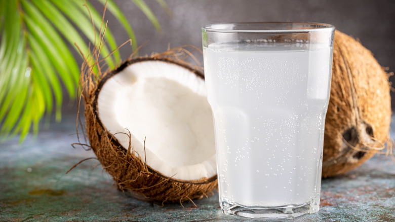 Glass of coconut water with coconuts and plant in background