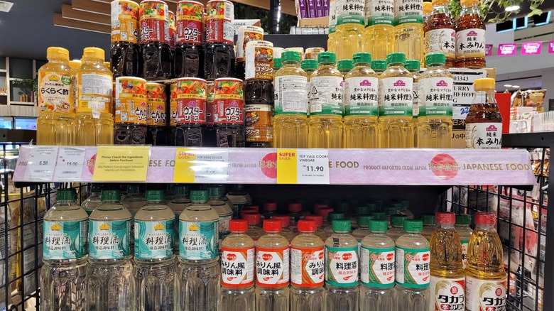 Assorted Japanese condiments including cooking wine
