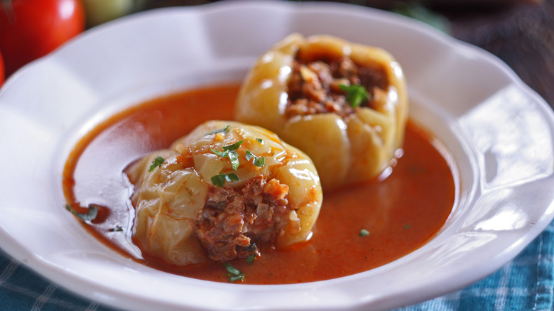 Stuffed bell peppers in sauce on a white plate