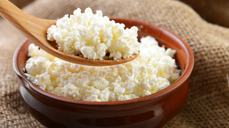 A brown dish of cottage cheese and a small wooden spoon with some cheese scooped on to it.