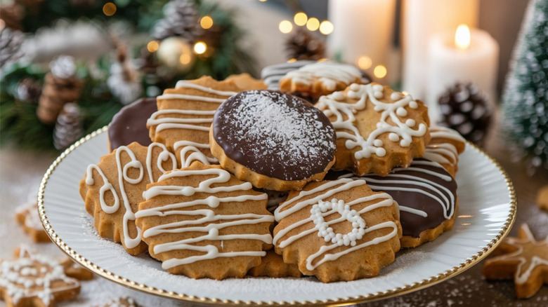 Decorated gingerbread cookies displayed on a plate