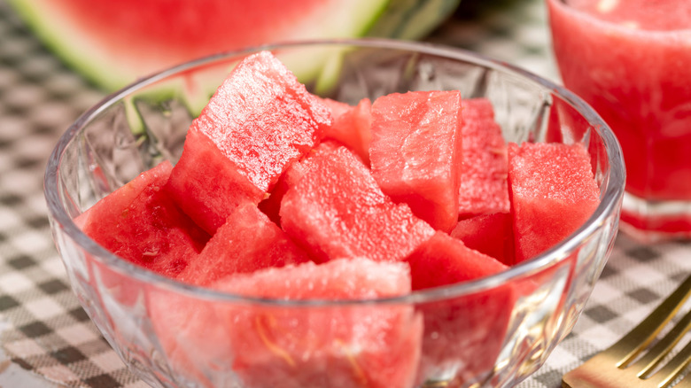 watermelon chunks in a clear bowl