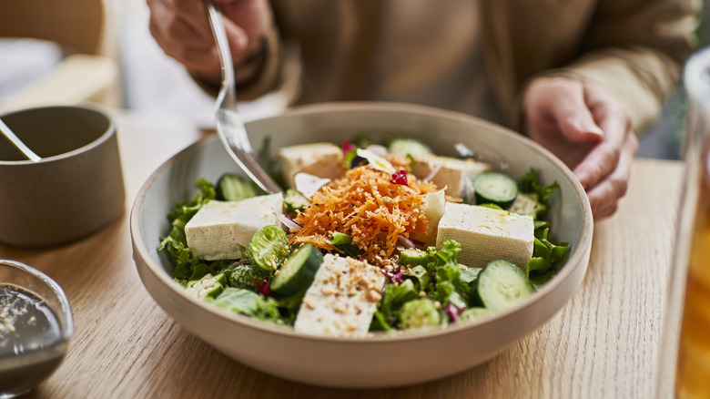 A very healthy salad with some tofu