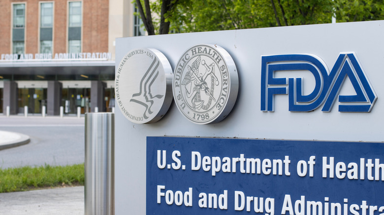 A closeup of the FDA sign in front of the administration building